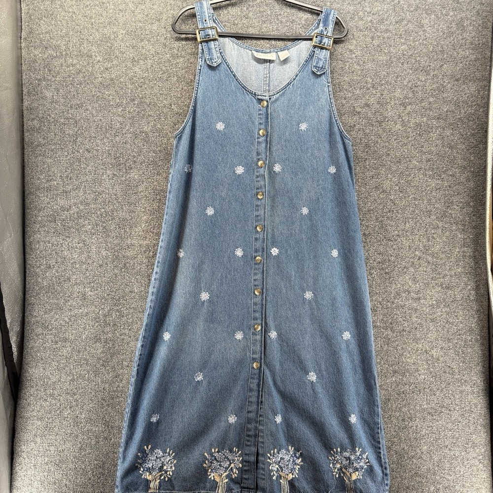 Annex Denim Dress Womens L Blue Bib Shift Embroidered Prairie Boho Cottagecore